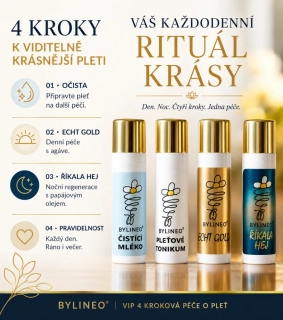 VIP 4 KROKOVÁ PÉČE O PLEŤ - ECHT GOLD + ŘÍKALA HEJ. Exkluzivní 4-krokový rituál krásy pro nejnáročnější ženy.